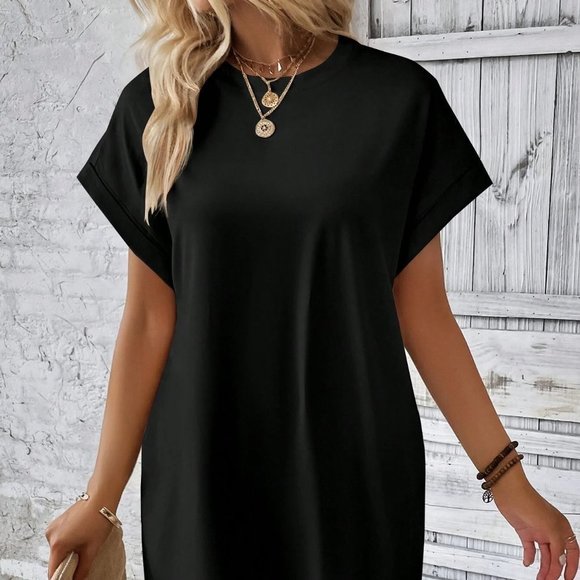 Black Boho Womens  Solid Batwing Sleeve Hidden Pocket Tee Dress - Picture 5 of 5